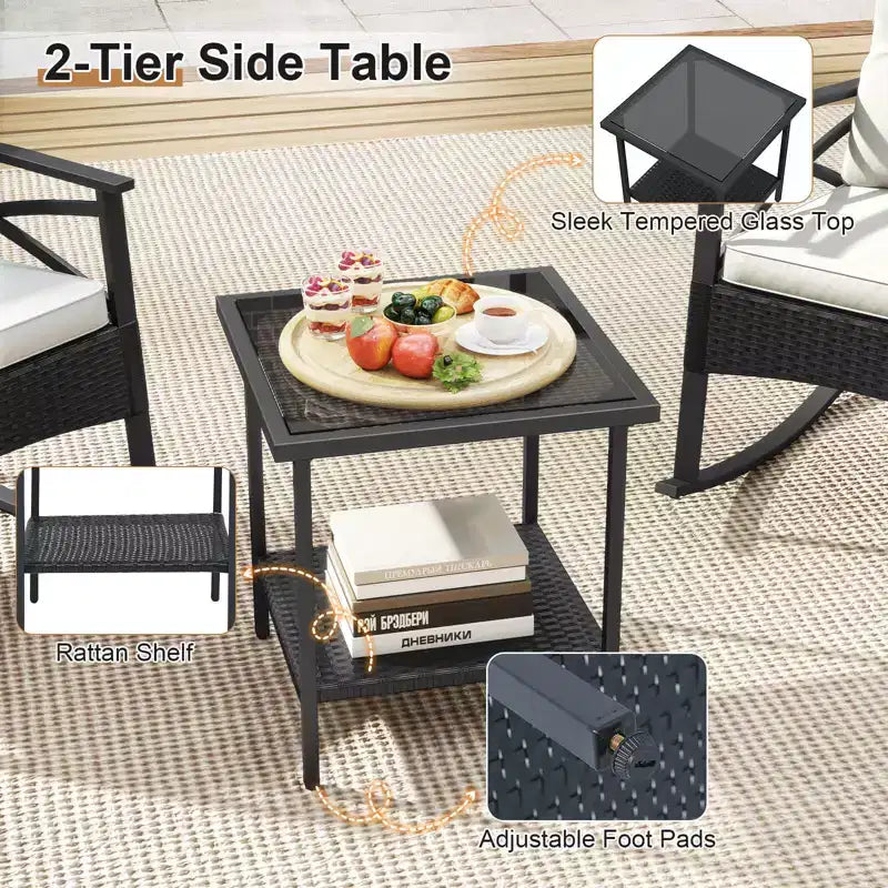 Ensemble de 3 chaises à bascule Costway en rotin avec accoudoirs et plateau de table en bois d'acacia pour véranda ou balcon, marron mélangé + beige/gris/bleu marine/noir
