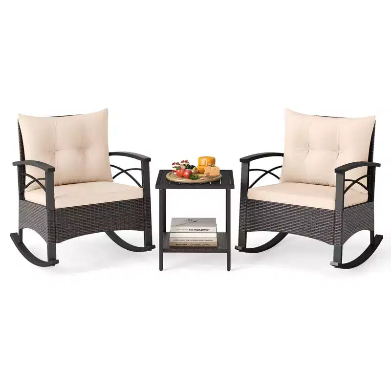 Costway Ensemble de chaises à bascule en rotin 3 pièces avec plateau de table en bois d'acacia et accoudoirs pour porche, balcon, Marron mixte + Beige/Gris/Marine/Noir