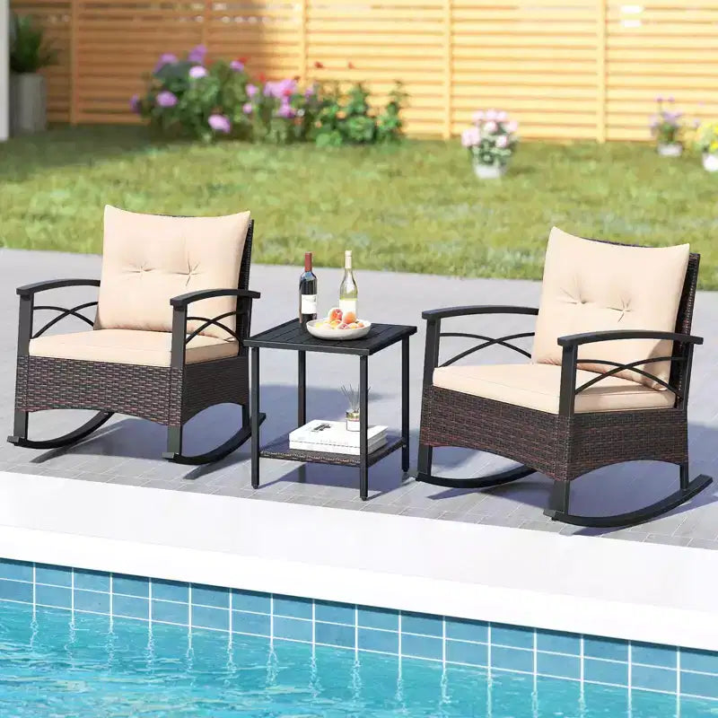 Costway Ensemble de chaises à bascule en rotin 3 pièces avec plateau de table en bois d'acacia et accoudoirs pour porche, balcon, Marron mixte + Beige/Gris/Marine/Noir
