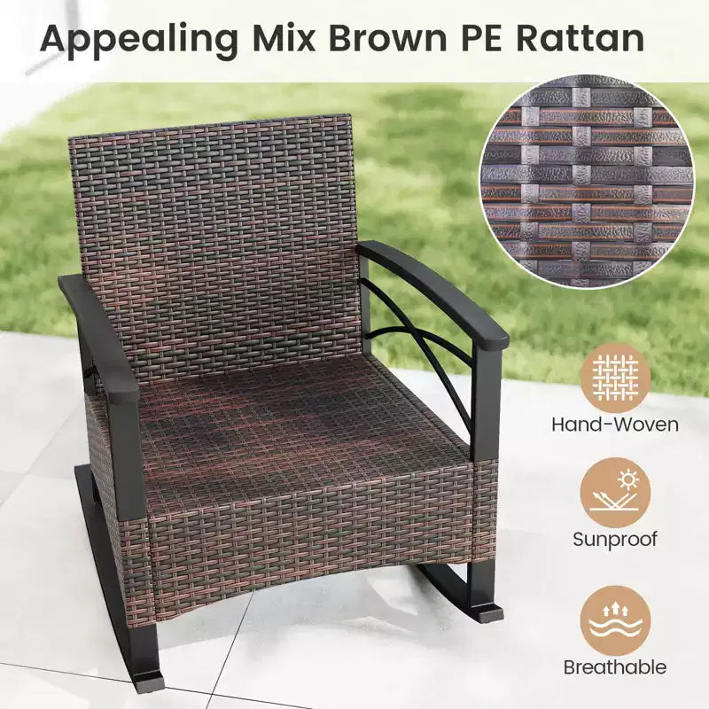 Ensemble de 3 chaises à bascule Costway en rotin avec accoudoirs et plateau de table en bois d'acacia pour véranda ou balcon, marron mélangé + beige/gris/bleu marine/noir