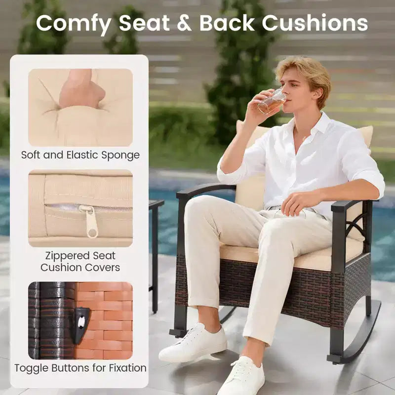 Costway Ensemble de chaises à bascule en rotin 3 pièces avec plateau de table en bois d'acacia et accoudoirs pour porche, balcon, Marron mixte + Beige/Gris/Marine/Noir