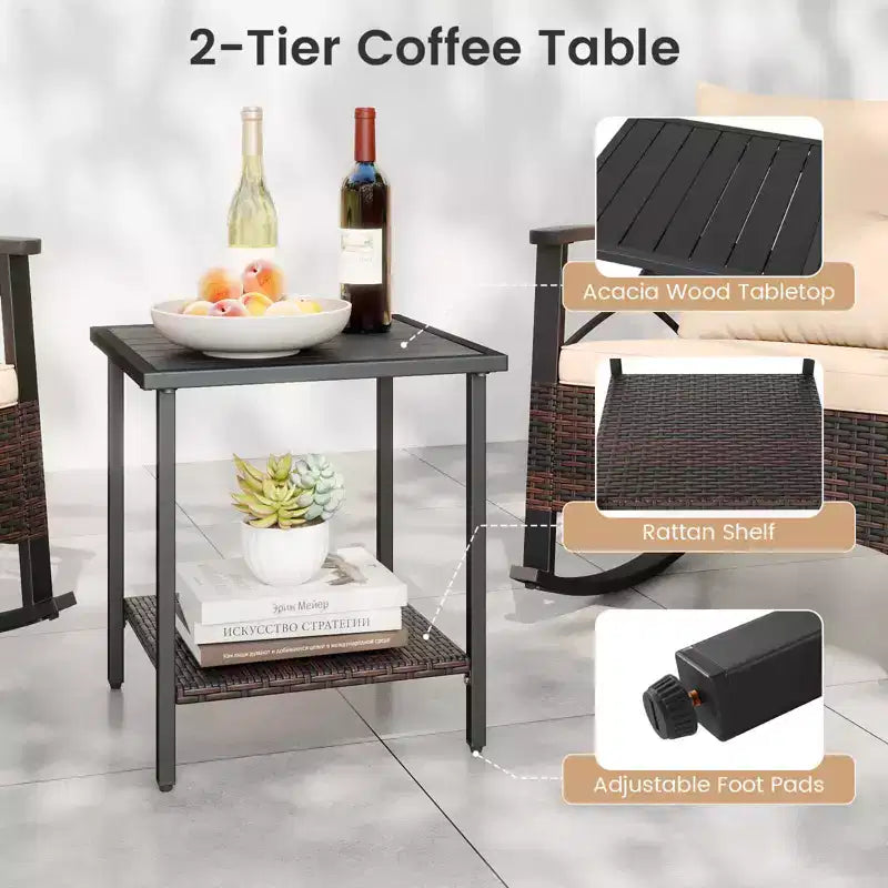 Ensemble de 3 chaises à bascule Costway en rotin avec accoudoirs et plateau de table en bois d'acacia pour véranda ou balcon, marron mélangé + beige/gris/bleu marine/noir