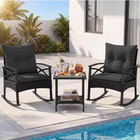 Costway Ensemble de chaises à bascule en rotin 3 pièces avec plateau de table en bois d'acacia et accoudoirs pour porche, balcon, Marron mixte + Beige/Gris/Marine/Noir