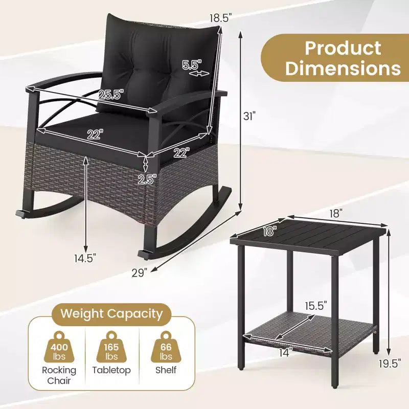 Costway Ensemble de chaises à bascule en rotin 3 pièces avec plateau de table en bois d'acacia et accoudoirs pour porche, balcon, Marron mixte + Beige/Gris/Marine/Noir