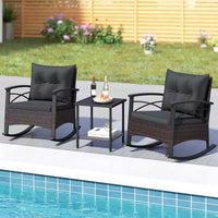 Costway Ensemble de chaises à bascule en rotin 3 pièces avec plateau de table en bois d'acacia et accoudoirs pour porche, balcon, Marron mixte + Beige/Gris/Marine/Noir
