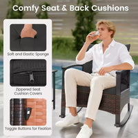 Costway Ensemble de chaises à bascule en rotin 3 pièces avec plateau de table en bois d'acacia et accoudoirs pour porche, balcon, Marron mixte + Beige/Gris/Marine/Noir