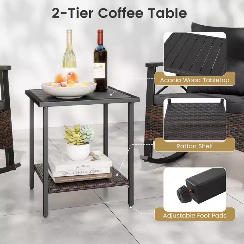 Ensemble de 3 chaises à bascule Costway en rotin avec accoudoirs et plateau de table en bois d'acacia pour véranda ou balcon, marron mélangé + beige/gris/bleu marine/noir
