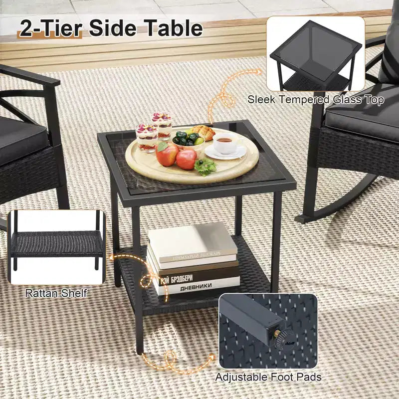 Ensemble de 3 chaises à bascule Costway en rotin avec accoudoirs et plateau de table en bois d'acacia pour véranda ou balcon, marron mélangé + beige/gris/bleu marine/noir