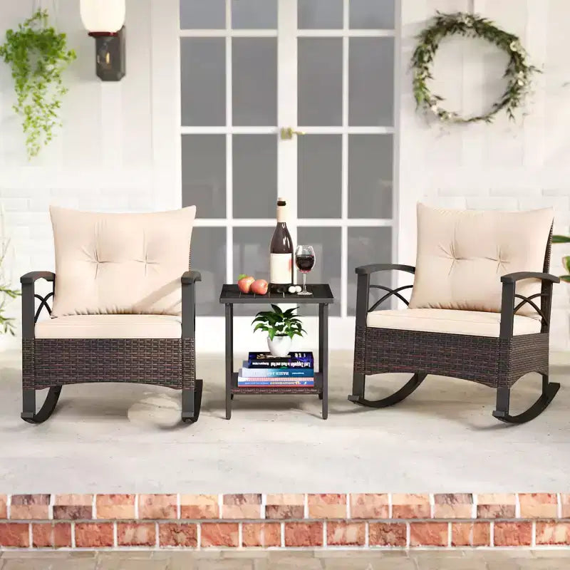 Costway Ensemble de chaises à bascule en rotin 3 pièces avec plateau de table en bois d'acacia et accoudoirs pour porche, balcon, Marron mixte + Beige/Gris/Marine/Noir