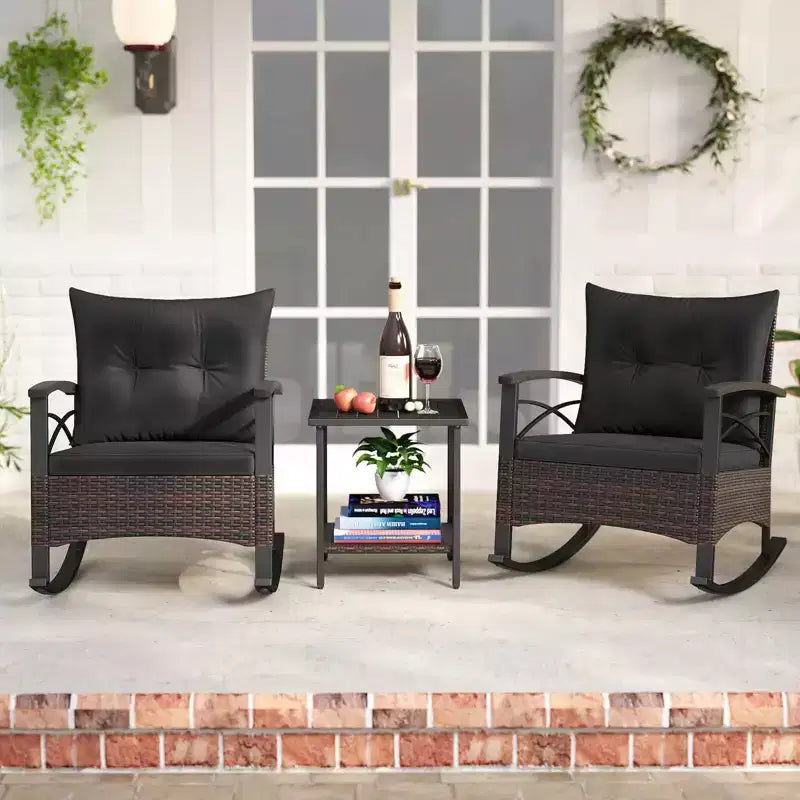 Costway Ensemble de chaises à bascule en rotin 3 pièces avec plateau de table en bois d'acacia et accoudoirs pour porche, balcon, Marron mixte + Beige/Gris/Marine/Noir