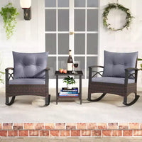 Costway Ensemble de chaises à bascule en rotin 3 pièces avec plateau de table en bois d'acacia et accoudoirs pour porche, balcon, Marron mixte + Beige/Gris/Marine/Noir