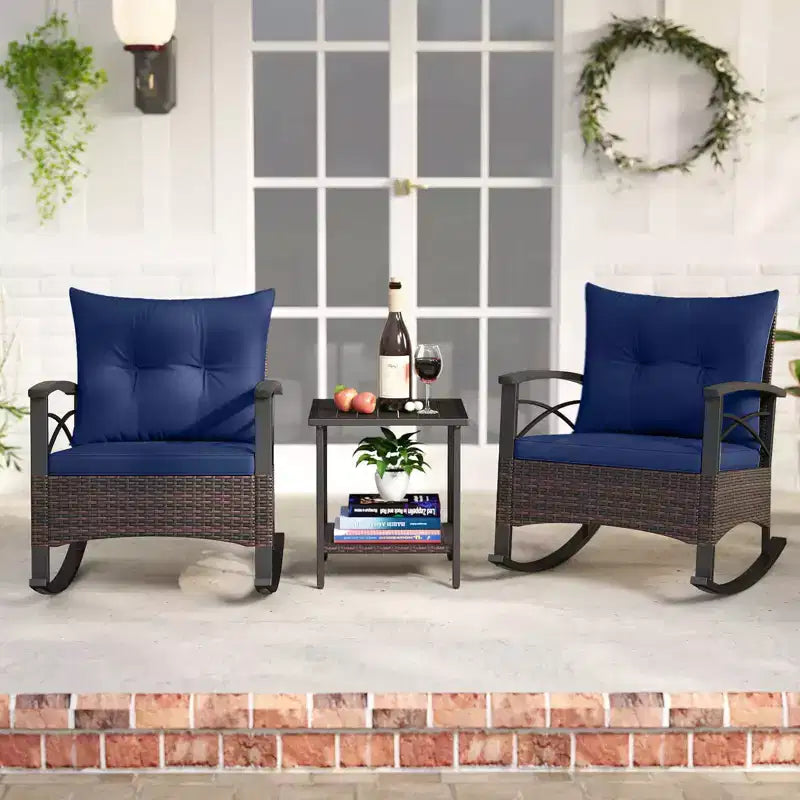 Costway Ensemble de chaises à bascule en rotin 3 pièces avec plateau de table en bois d'acacia et accoudoirs pour porche, balcon, Marron mixte + Beige/Gris/Marine/Noir