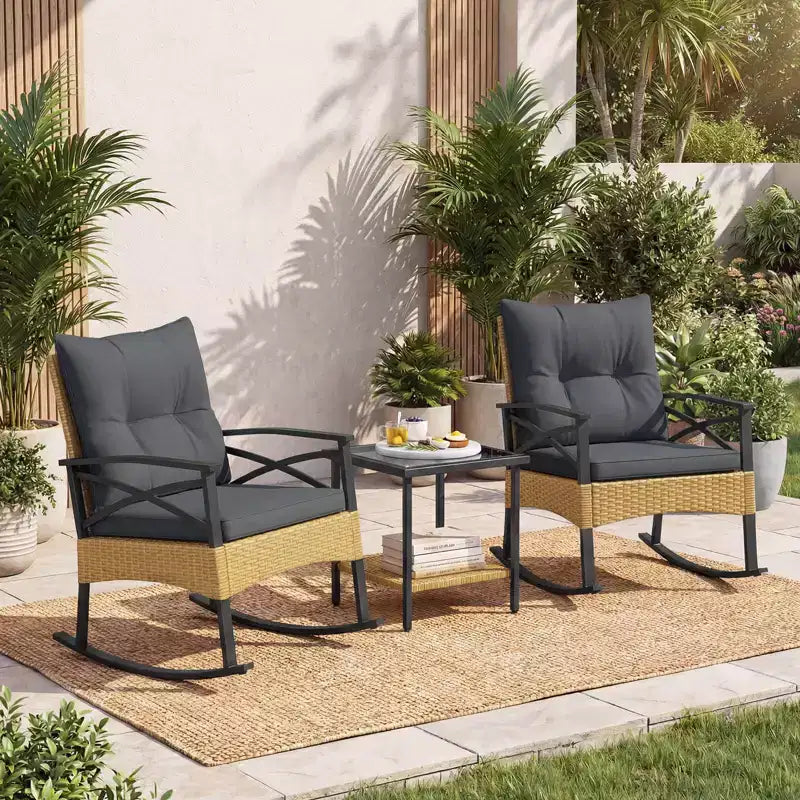 Costway Ensemble de chaises à bascule en rotin 3 pièces avec plateau de table en bois d'acacia et accoudoirs pour porche, balcon, Marron mixte + Beige/Gris/Marine/Noir