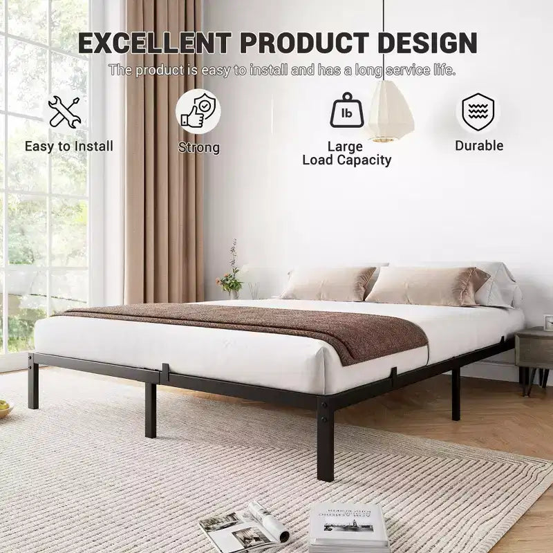 Cadre de lit plateforme en métal robuste Construction en acier robuste Pas besoin de sommier Tapissier Silencieux, profil bas, assemblage facile, supporte jusqu'à 360 kg