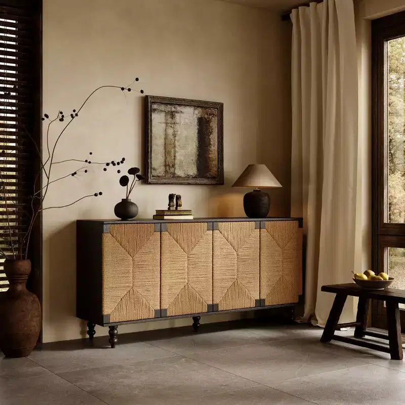 Buffet enfilade naturel d'appoint, meuble TV en bois avec portes en jonc de mer tressé à la main, finition bois grainé noir