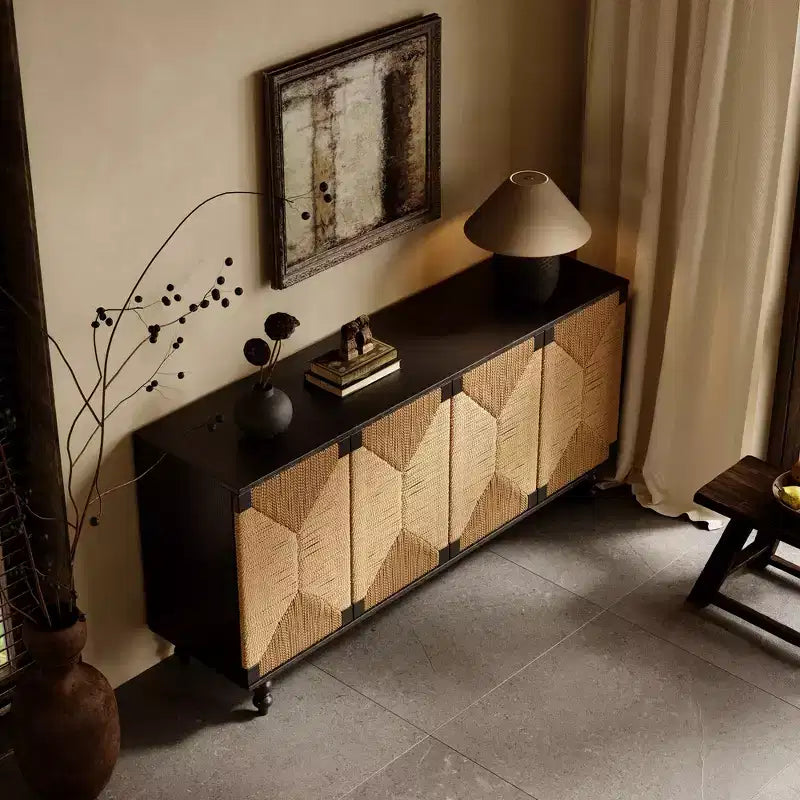 Buffet enfilade naturel d'appoint, meuble TV en bois avec portes en jonc de mer tressé à la main, finition bois grainé noir