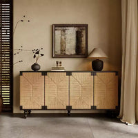 Buffet enfilade naturel d'appoint, meuble TV en bois avec portes en jonc de mer tressé à la main, finition bois grainé noir