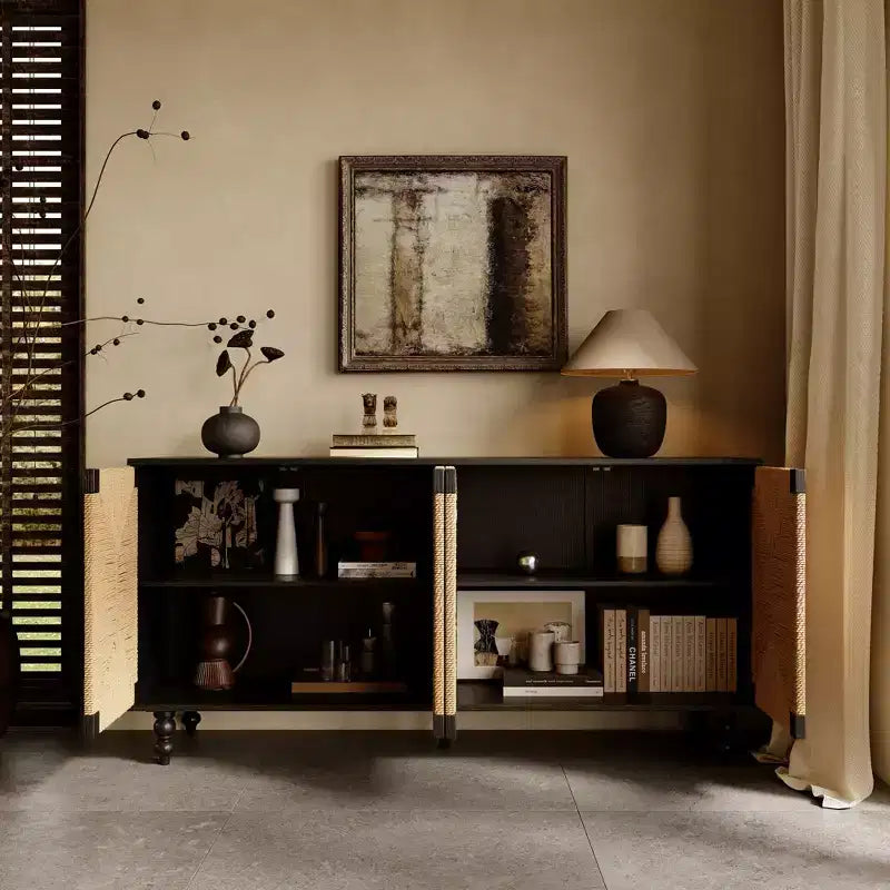 Buffet enfilade naturel d'appoint, meuble TV en bois avec portes en jonc de mer tressé à la main, finition bois grainé noir