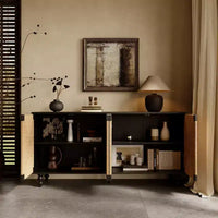 Buffet enfilade naturel d'appoint, meuble TV en bois avec portes en jonc de mer tressé à la main, finition bois grainé noir