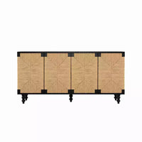 Buffet enfilade naturel d'appoint, meuble TV en bois avec portes en jonc de mer tressé à la main, finition bois grainé noir