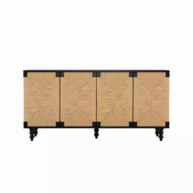 Buffet enfilade naturel d'appoint, meuble TV en bois avec portes en jonc de mer tressé à la main, finition bois grainé noir