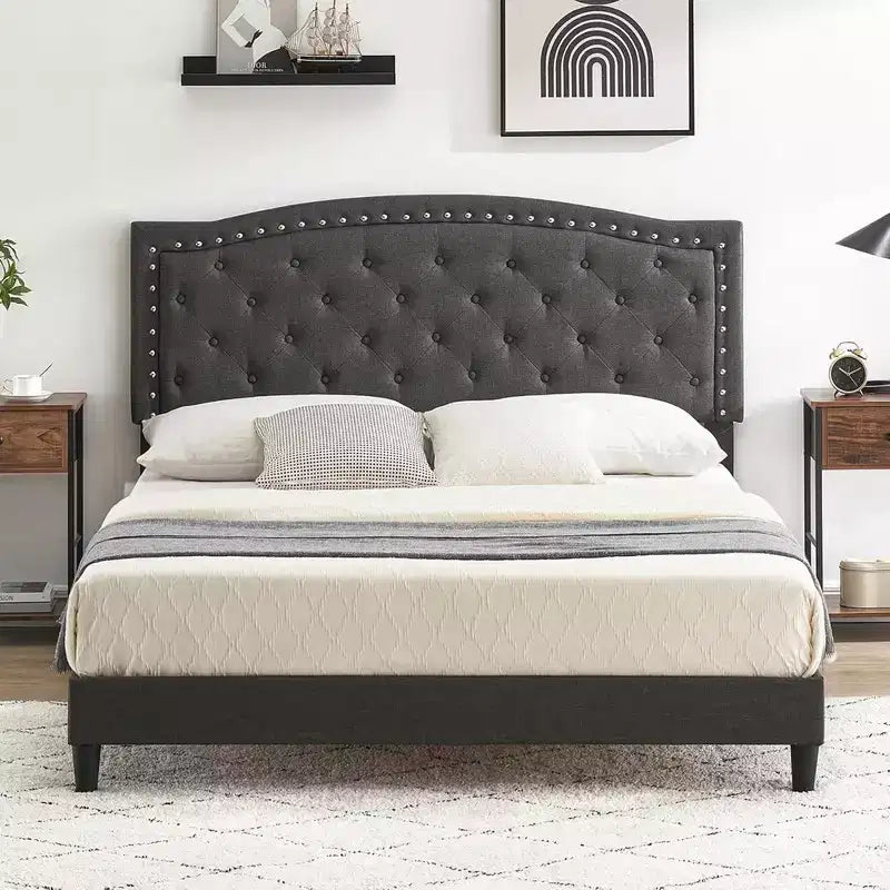 Cadre de lit plateforme taille Queen, cadre de lit tapissé Queen avec tête de lit réglable, support à lattes robuste, sans sommier requis, gris