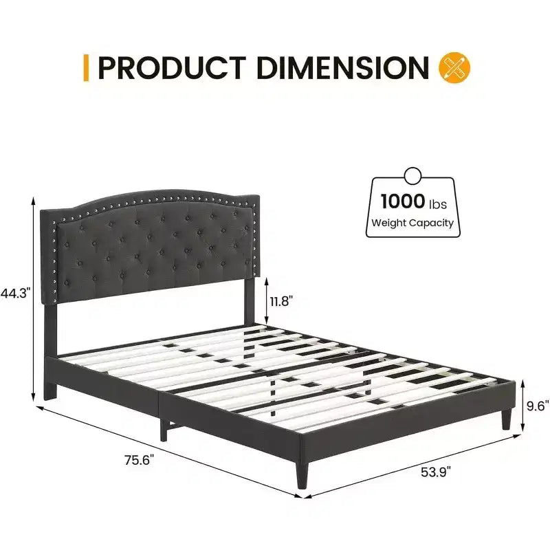 Cadre de lit plateforme taille Queen, cadre de lit tapissé Queen avec tête de lit réglable, support à lattes robuste, sans sommier requis, gris