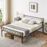 Cadre de lit en métal Queen Size, avec rangement sous le lit, aucun sommier tapissier requis, silencieux, montage facile, noir