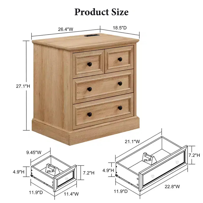 Table de chevet avec 4 tiroirs de rangement, 26 po de largeur, avec station de recharge, tables d'appoint en bois pour chambre, salon