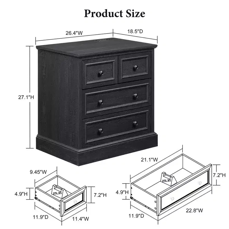 Table de chevet avec 4 tiroirs de rangement, 26 po de largeur, avec station de recharge, tables d'appoint en bois pour chambre, salon
