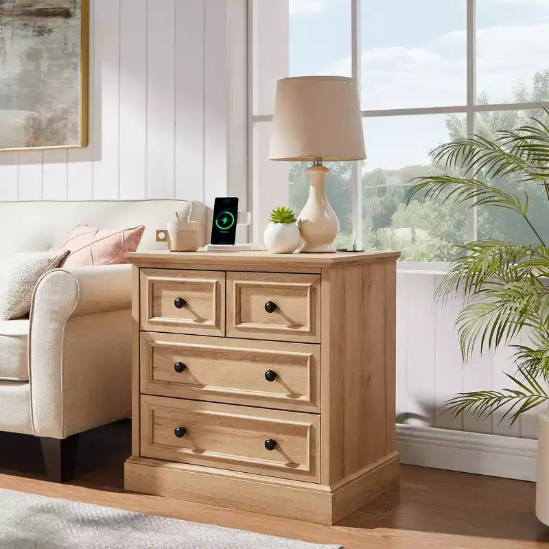 Table de chevet avec 4 tiroirs de rangement, 26 po de largeur, avec station de recharge, tables d'appoint en bois pour chambre, salon