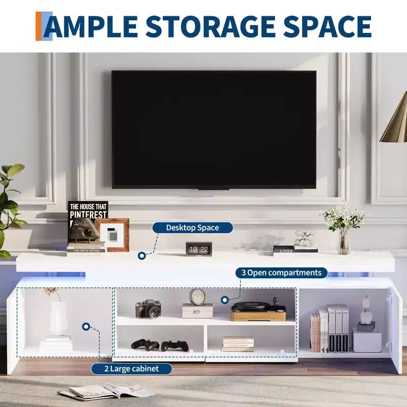 Meuble TV laqué brillant pour TV 75/80/85 pouces, meuble multimédia moderne avec lumières et étagères en verre, console multimédia pour salon et chambre