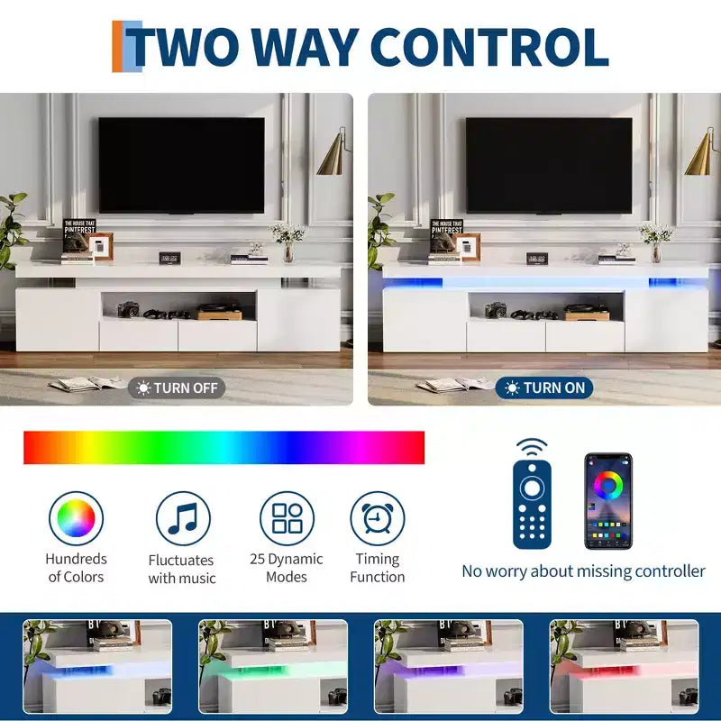 Meuble TV laqué brillant pour TV 75/80/85 pouces, meuble multimédia moderne avec lumières et étagères en verre, console multimédia pour salon et chambre