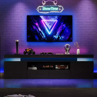 Meuble TV laqué brillant pour TV 75/80/85 pouces, meuble multimédia moderne avec lumières et étagères en verre, console multimédia pour salon et chambre