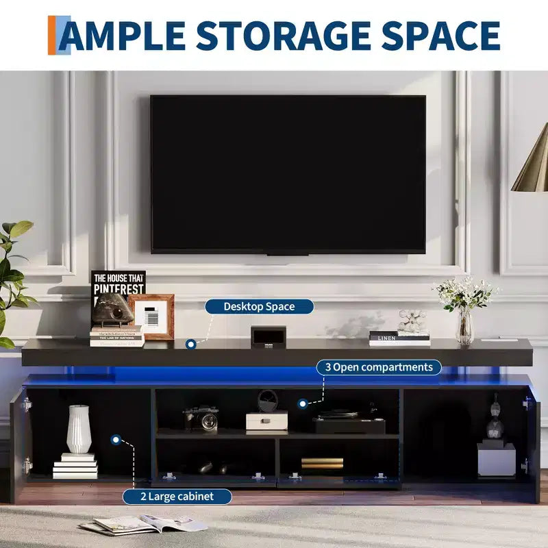 Meuble TV laqué brillant pour TV 75/80/85 pouces, meuble multimédia moderne avec lumières et étagères en verre, console multimédia pour salon et chambre