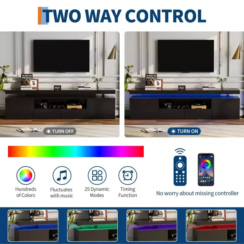 Meuble TV laqué brillant pour TV 75/80/85 pouces, meuble multimédia moderne avec lumières et étagères en verre, console multimédia pour salon et chambre