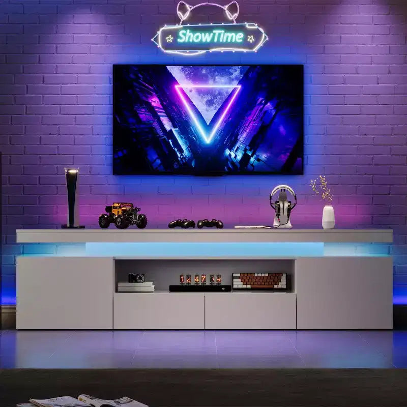 Meuble TV laqué brillant pour TV 75/80/85 pouces, meuble multimédia moderne avec lumières et étagères en verre, console multimédia pour salon et chambre