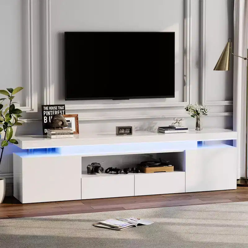 Meuble TV laqué brillant pour TV 75/80/85 pouces, meuble multimédia moderne avec lumières et étagères en verre, console multimédia pour salon et chambre