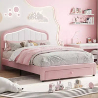 Lit plateforme tapissé Twin avec tête de lit LED et tiroir de rangement, rose / blanc, lattes en bois, sans sommier, silencieux, montage facile, pour enfants