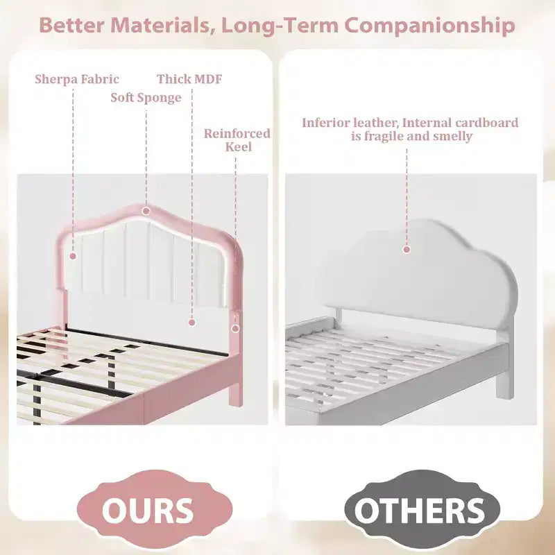 Lit plateforme tapissé Twin avec tête de lit LED et tiroir de rangement, rose / blanc, lattes en bois, sans sommier, silencieux, montage facile, pour enfants