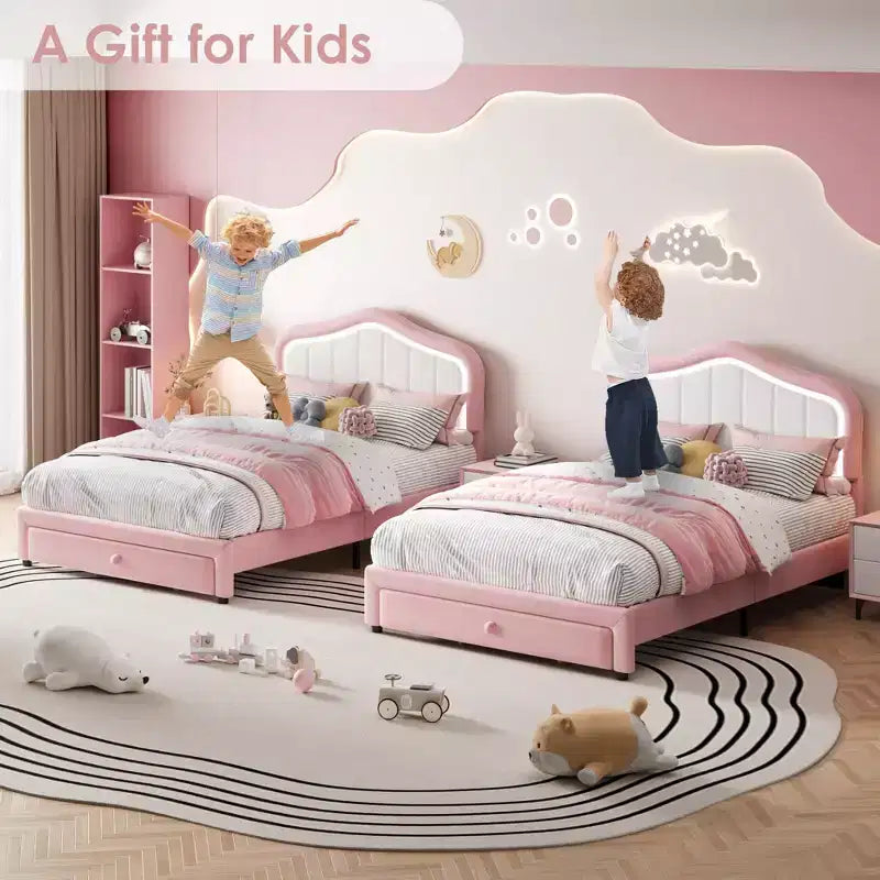 Lit plateforme tapissé Twin avec tête de lit LED et tiroir de rangement, rose / blanc, lattes en bois, sans sommier, silencieux, montage facile, pour enfants