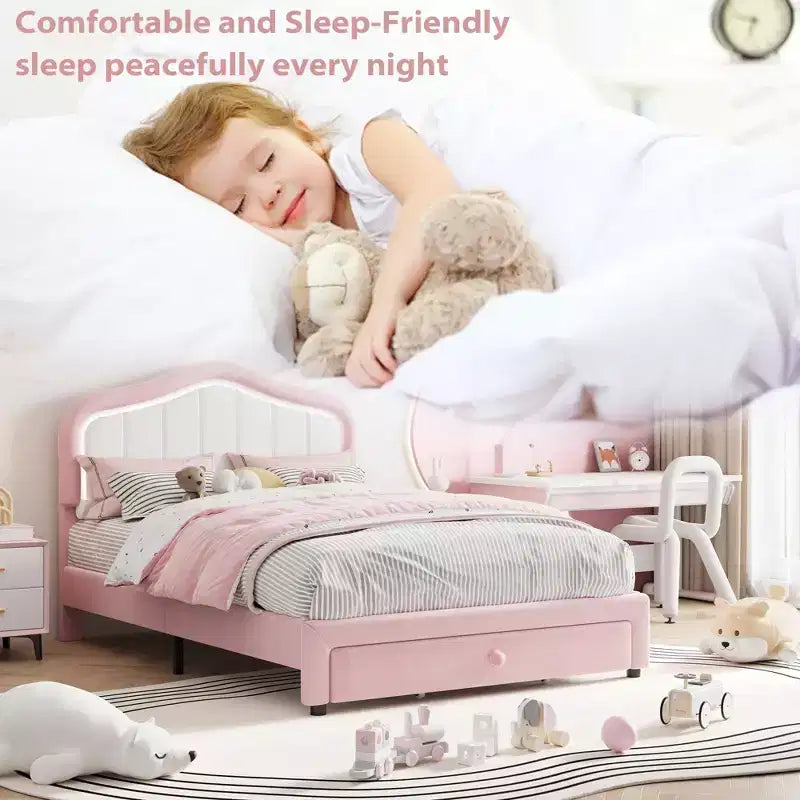 Lit plateforme tapissé Twin avec tête de lit LED et tiroir de rangement, rose / blanc, lattes en bois, sans sommier, silencieux, montage facile, pour enfants