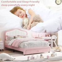 Lit plateforme tapissé Twin avec tête de lit LED et tiroir de rangement, rose / blanc, lattes en bois, sans sommier, silencieux, montage facile, pour enfants
