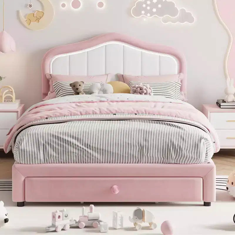 Lit plateforme tapissé Twin avec tête de lit LED et tiroir de rangement, rose / blanc, lattes en bois, sans sommier, silencieux, montage facile, pour enfants