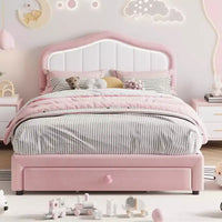 Lit plateforme tapissé Twin avec tête de lit LED et tiroir de rangement, rose / blanc, lattes en bois, sans sommier, silencieux, montage facile, pour enfants