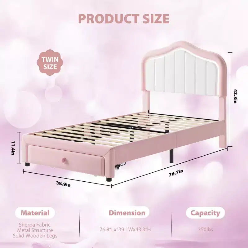 Lit plateforme tapissé Twin avec tête de lit LED et tiroir de rangement, rose / blanc, lattes en bois, sans sommier, silencieux, montage facile, pour enfants