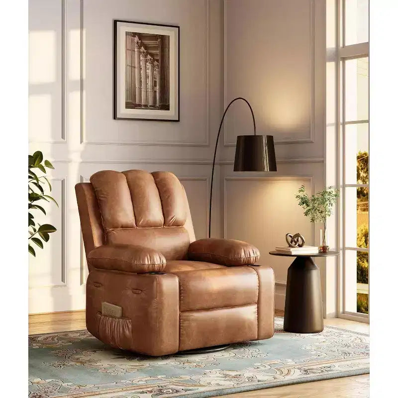 Fauteuil inclinable pivotant à bascule de 56 cm, inclinable paresseux en cuir PU avec éponge 1,5X, porte-gobelet et poches latérales, pivotant à 360° pour salon, chambre à coucher, chambre d'enfant