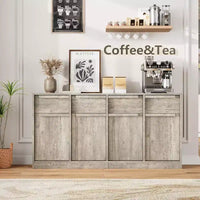 Buffet enfilade 62,4 po, grand meuble de rangement avec 4 portes et 4 tiroirs, meuble de rangement moderne à étagères réglables, bar à café en bois