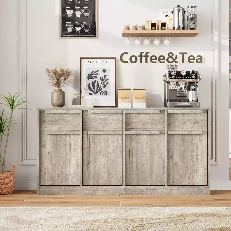 Buffet enfilade 62,4 po, grand meuble de rangement avec 4 portes et 4 tiroirs, meuble de rangement moderne à étagères réglables, bar à café en bois