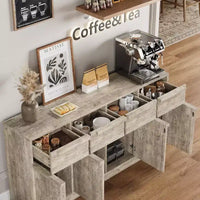 Buffet enfilade 62,4 po, grand meuble de rangement avec 4 portes et 4 tiroirs, meuble de rangement moderne à étagères réglables, bar à café en bois